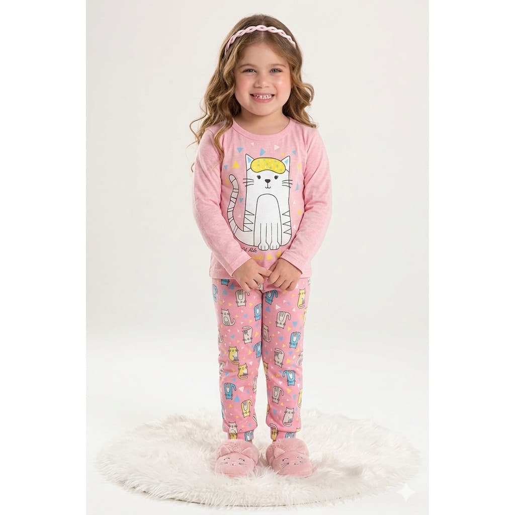 Conjunto Pijama Infantil Feminino Gatinha Dorminhoca Manga Longa Confortável - Rosa