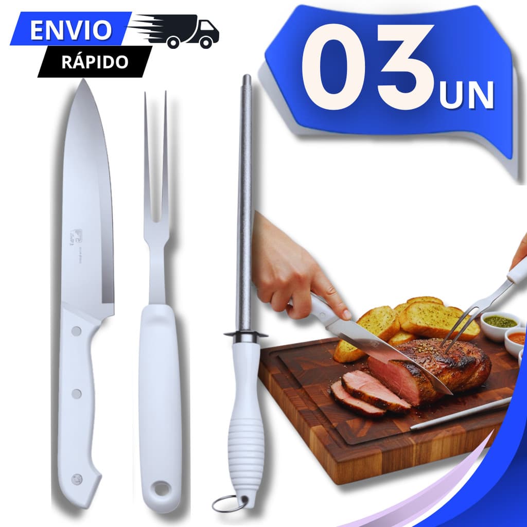 Kit Churrasco 3 Peças – Faca Carne + Garfo Trinchante + Chaira Afiador Alta Resistência