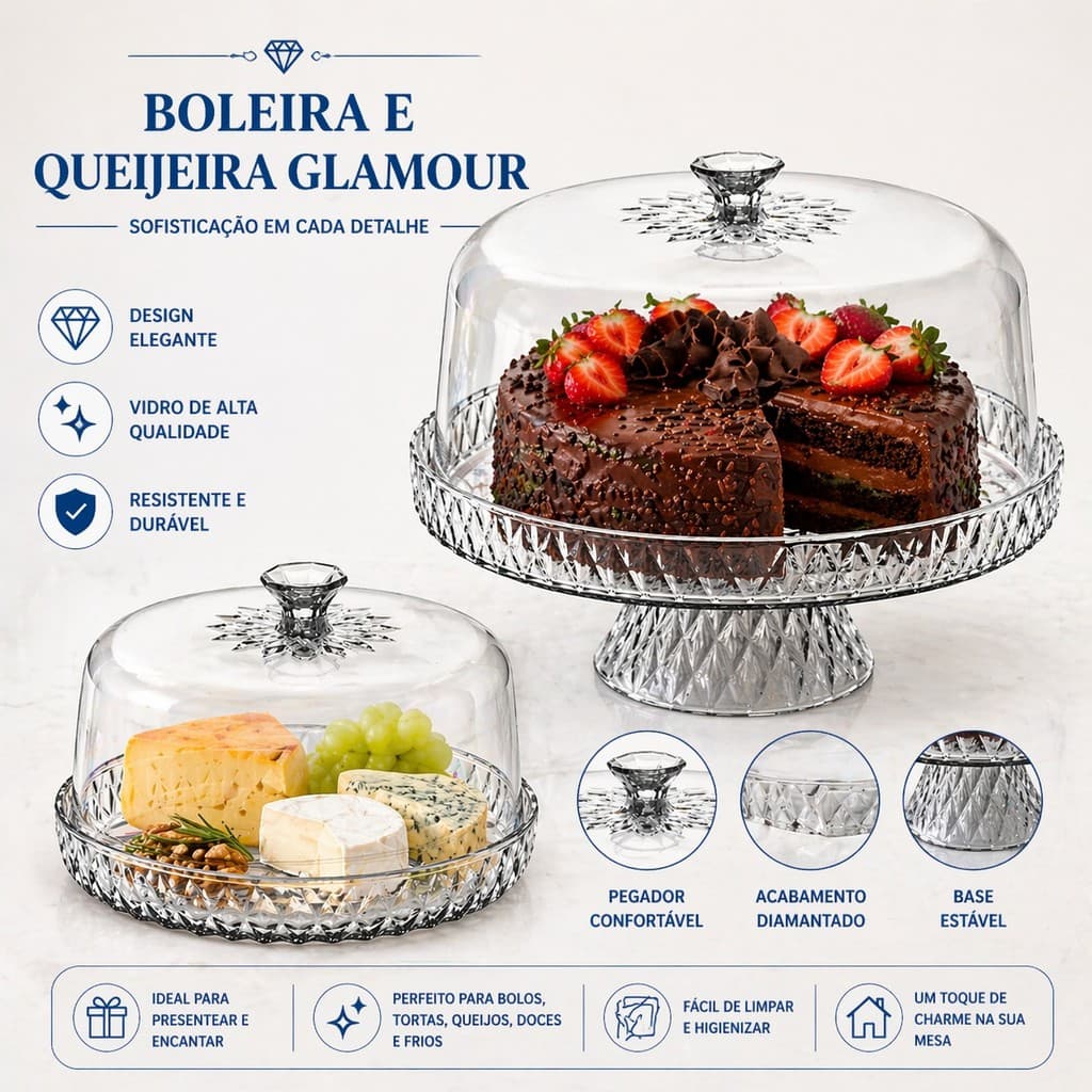 Kit 2 peças Boleira Alta com Pé + Queijeira Glamour Acrílico Transparente Plasútil