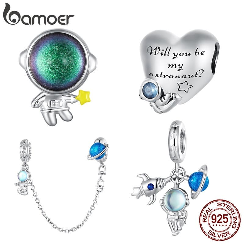 Pingente Temático de Astronauta em Prata 925 Bamoer, Adequado para Pulseiras - 4 Designs