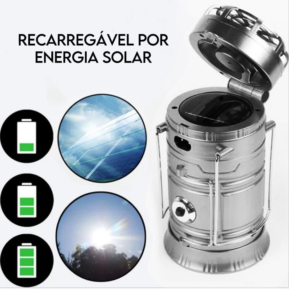 Lanterna LED Solar Ventilador Recarregável USB Portátil Lampião para Camping e Emergência