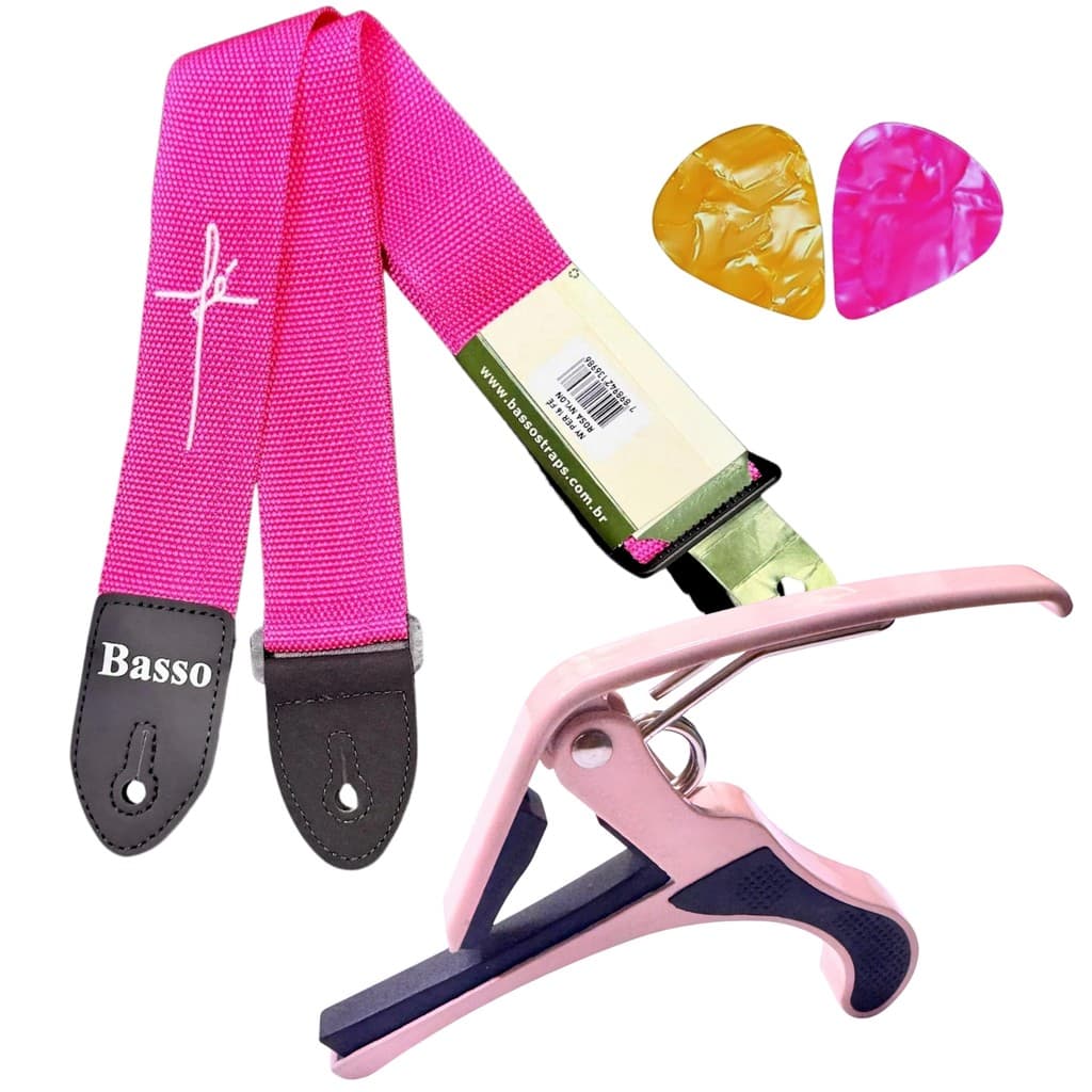 KIT P/ VIOLÃO, GUITARRA - CORREIA+ CAPOTRASTE ROSA+ 2 PALHETAS