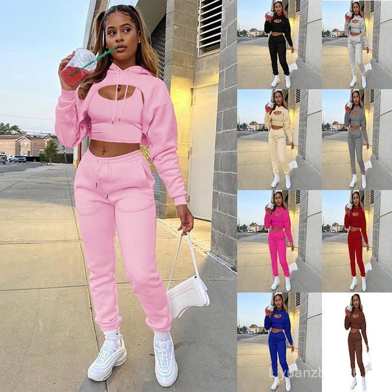 Conjunto feminino de três peças: moletom de manga comprida + colete + calça de cor sólida, adequado para uso na primaver