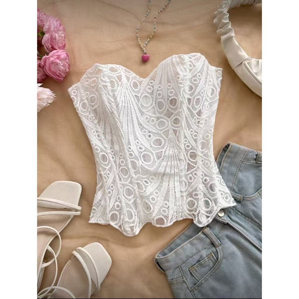 Top Cropped Corset Espartilho Feminino Renda Com Amarracao Estilo Frances Modelador Cintura