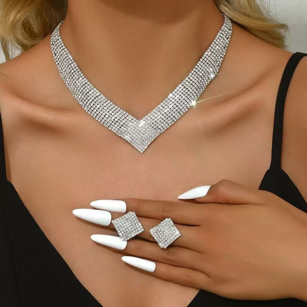 Diamante completo Super Flash colar brinco conjunto jantar vestido acessórios empilhamento luz estilo luxo