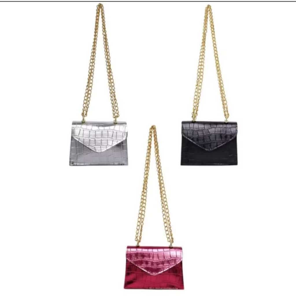 Kit 3 Mini Bag Croco Bolsa balada brilhante noite pequena moderna elegante corrente lateral promoção oferta compacta