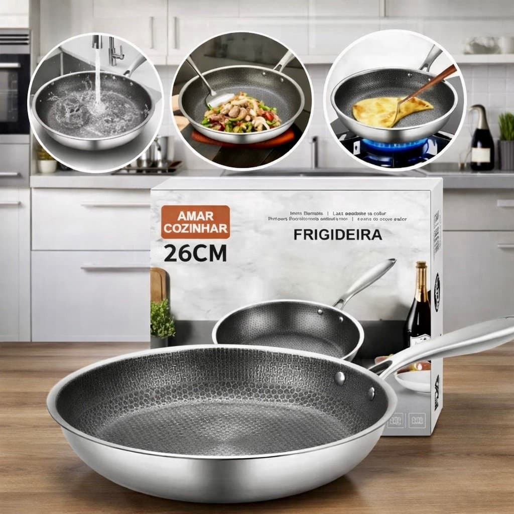 Frigideira Inox Colmeia 26cm Antiaderente Premium Indução Sem PFOA Super Resistente Profissional Alta Durabilidade