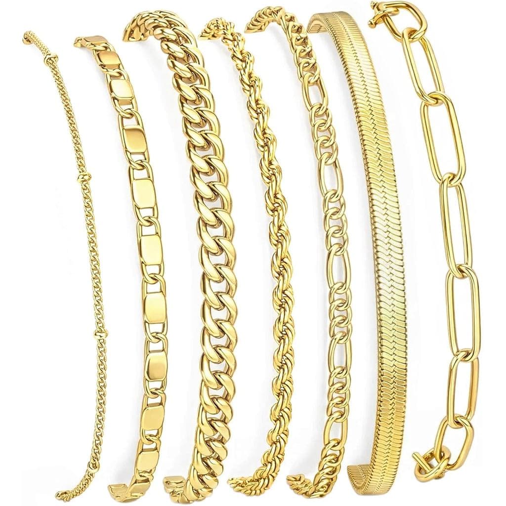 Conjunto de 7 Pulseiras Banhadas a Ouro 14K para Mulheres, Pulseiras Delicadas e Elegantes em Camadas com Correntes Cuba