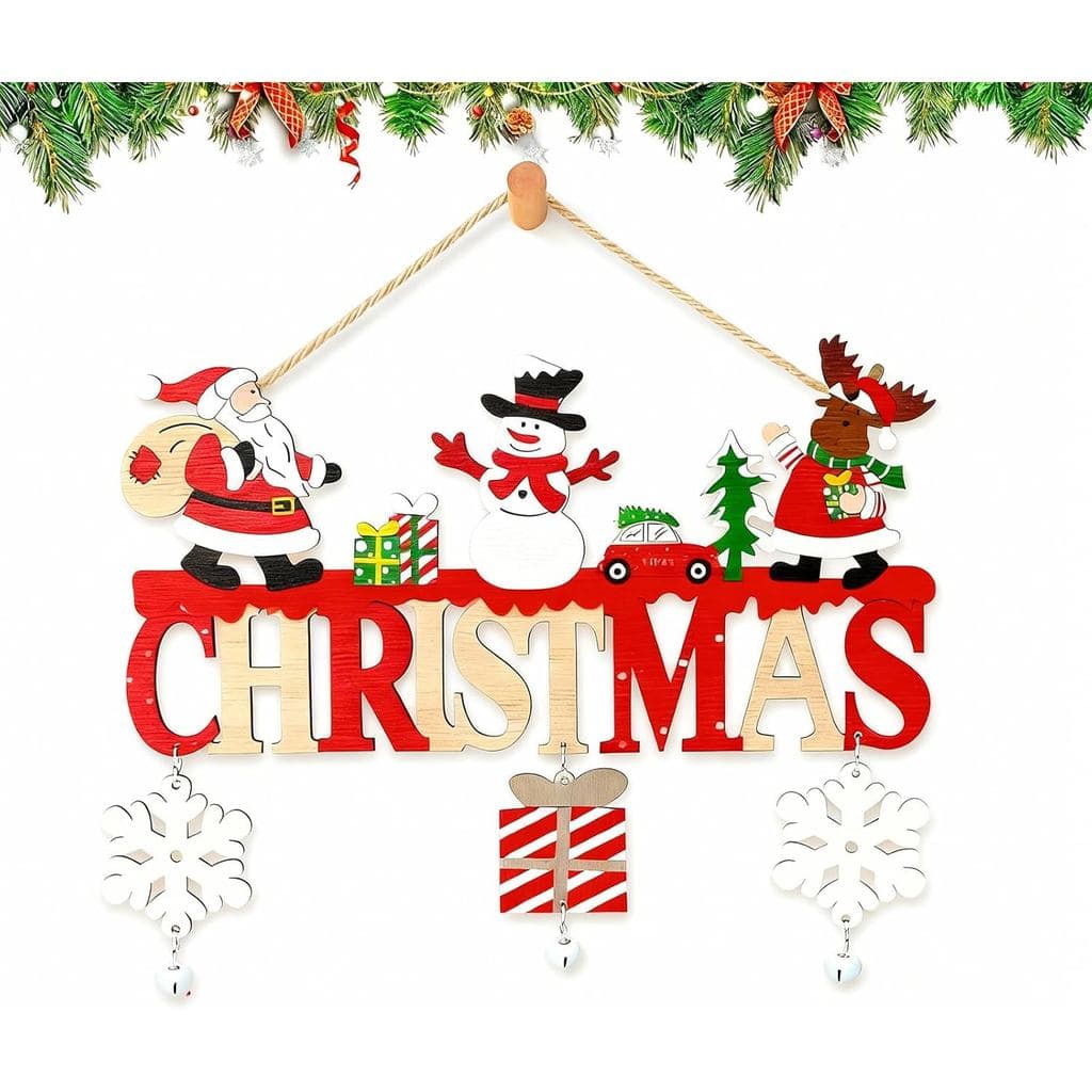 Placa de Feliz Natal, Ornamento de Madeira para Pendurar em Portas e Árvores com Papai Noel, Floco de Neve e Sinos - Dec