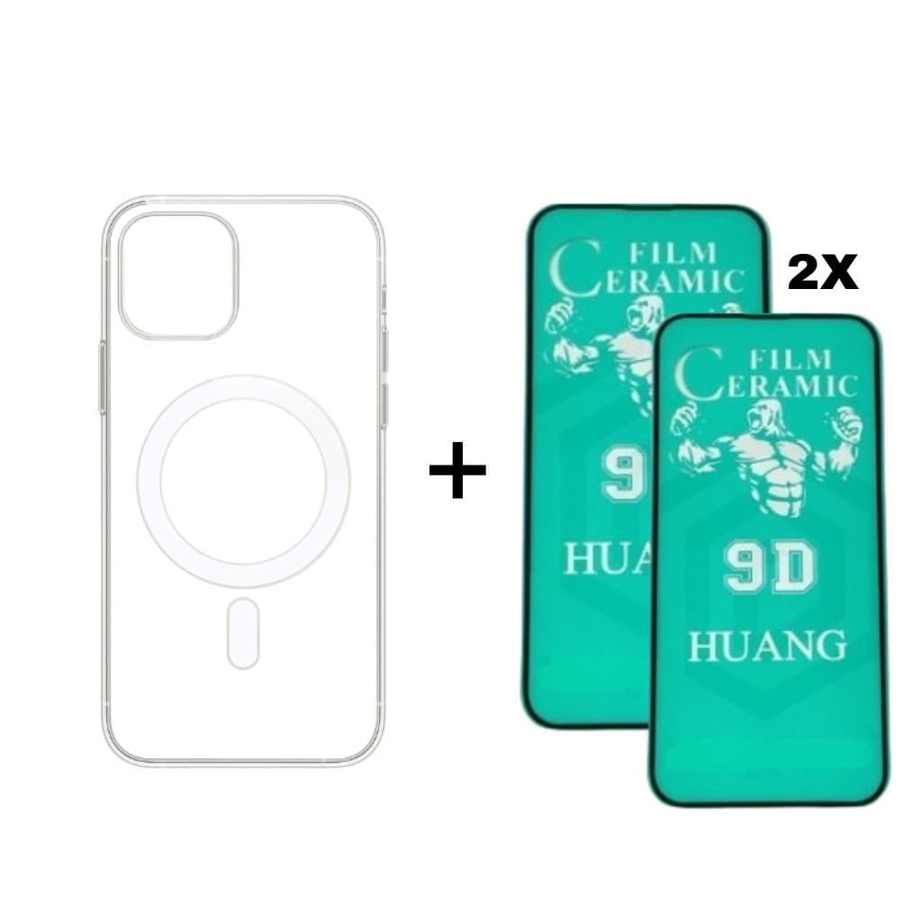 Capa MagSafe + 2X Película Cerâmica iPhone 11 12 13 14 15 16 Pro Max - NF
