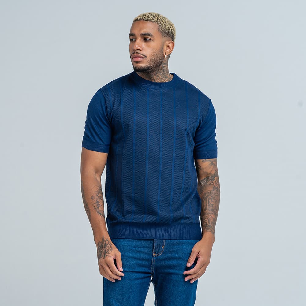 Camiseta Masculina Mr Kitsch Tricô Canelado Com Textura Gola Redonda Marinho