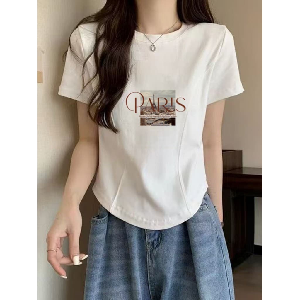 Dopamina espinha de peixe Formal ombro branco manga curta camiseta feminina Design de verão quente menina Irregular magr