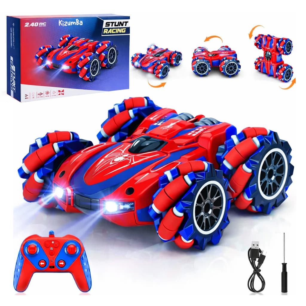 Carrinho De Controle Remoto Acrobatico Homem Aranha 360 Graus Pirueta Com Luz LED Stunt Car Kizumba