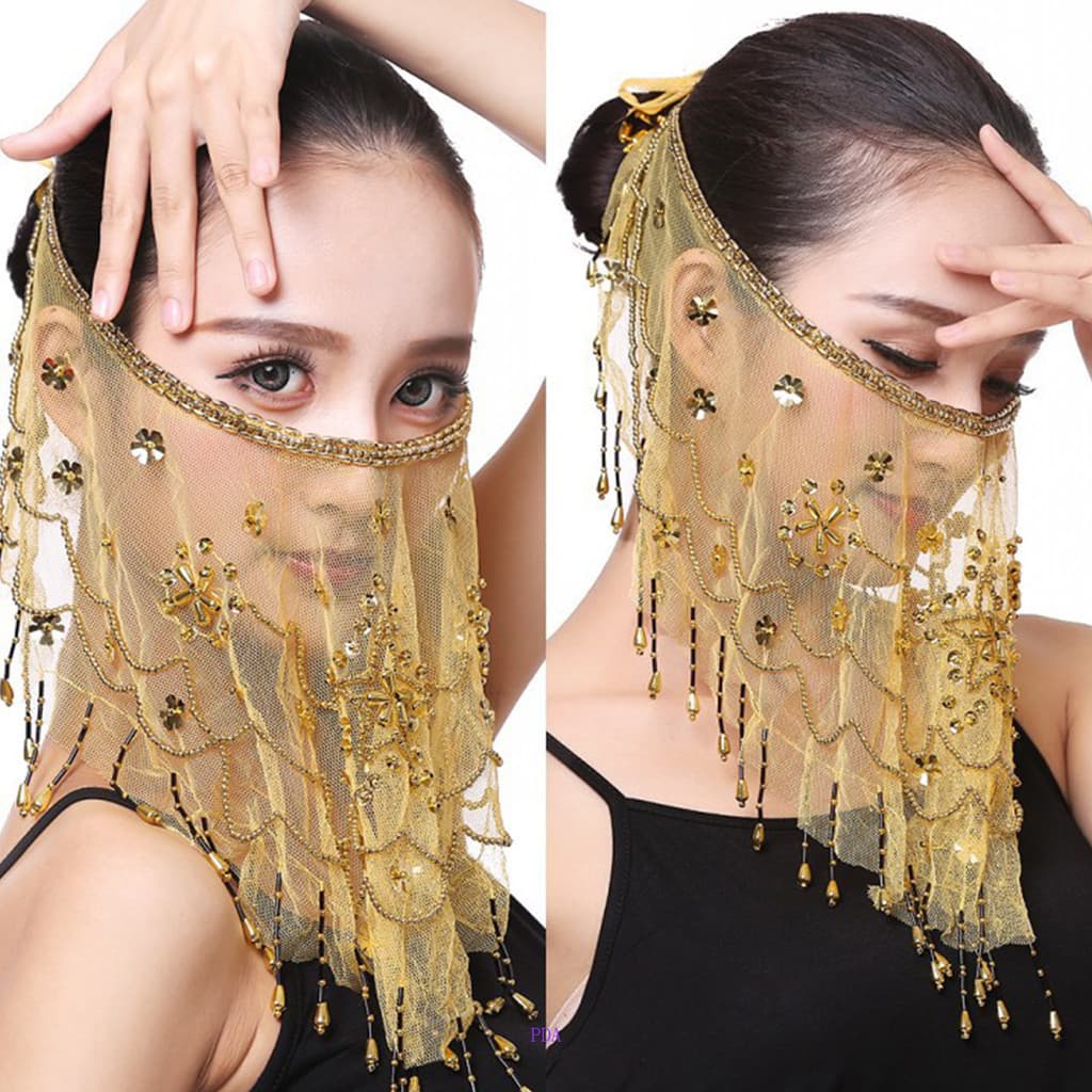 PDA Feminino Indiano Dança Do Ventre Rosto Véu Tribal Frisado Com Lantejoulas Brilhantes Máscara De Máscaras Acessórios