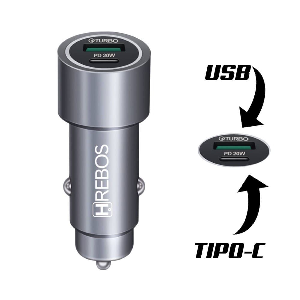 [FONTE OU KIT] Carregador Veicular Turbo Hrebos 20W Anatel HS-355 HS-395 p/ iPhone e Tipo-C