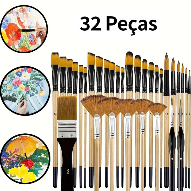 Kit 32 Peças Pincéis De Pintura Para Acrílica, Cerdas De Nylon Premium Com Redondo, Filbert, Plano, Ventilador