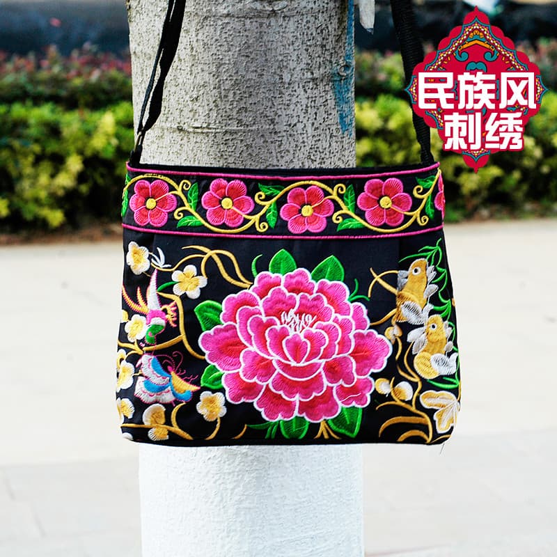 Novo estilo étnico bordado flor saco dupla face bordado bolsa de lona senhoras saco do mensageiro Casual All-Match bolsa