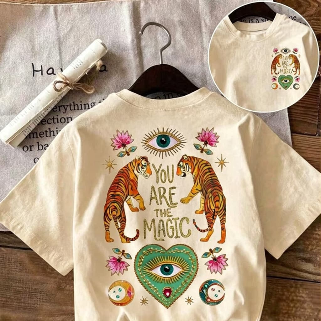 Camiseta Feminina Oversized 100% Algodão, Estampa Tigre e Olho Grego, Tamanhos do P ao G3, Confortável para o Dia a Dia