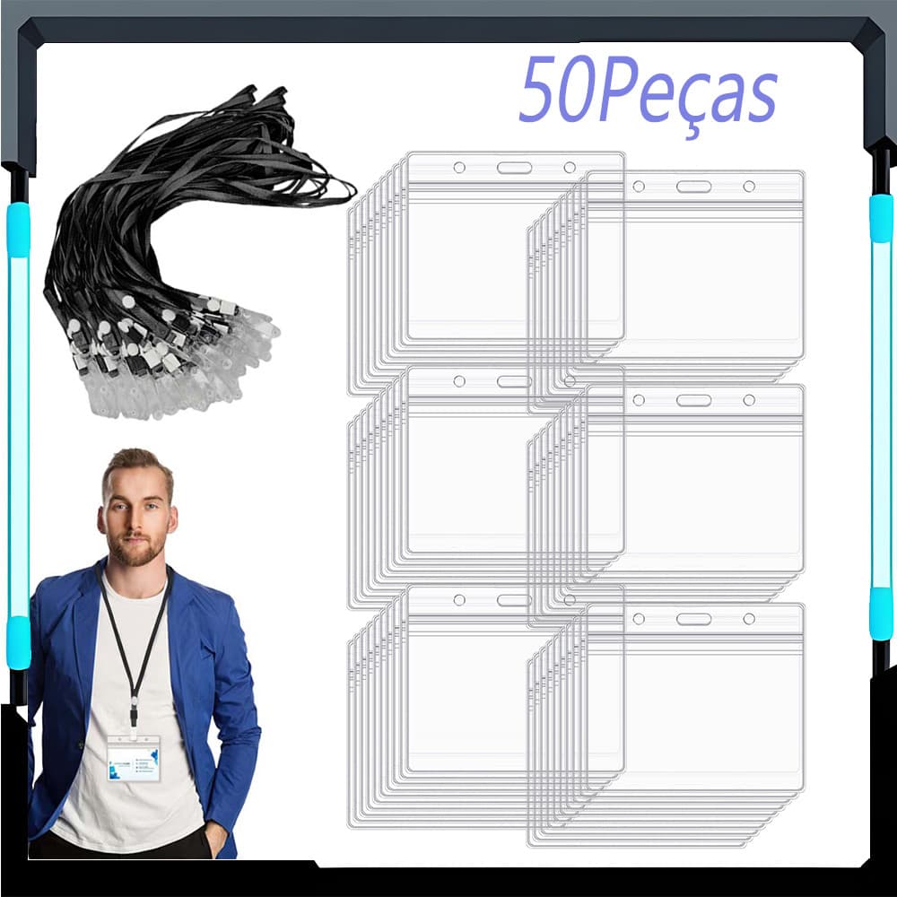 50 porta-crachás transparentes, porta-crachás impermeáveis com cordão preto