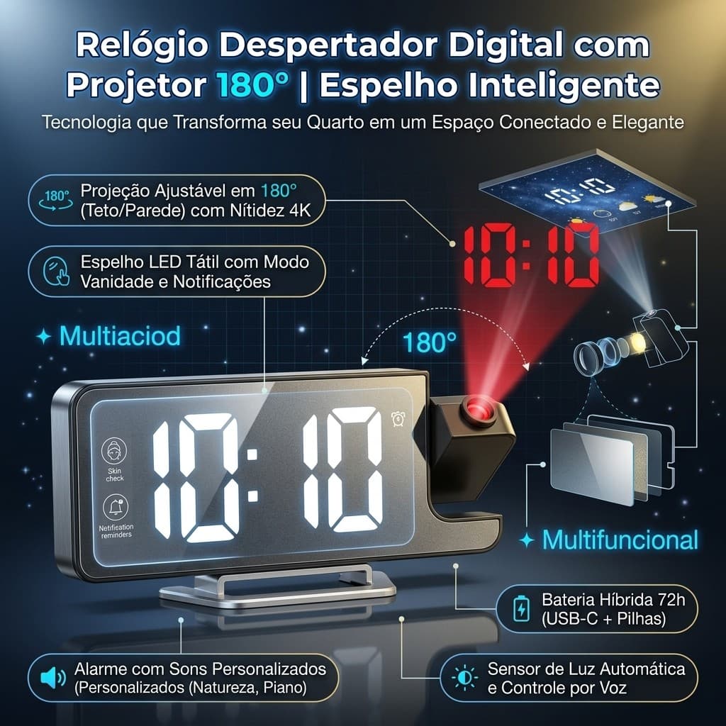 Relógio Despertador Digital Com Projetor 180º Espelhado LED Curvado Temperatura Alarme Soneca Preto