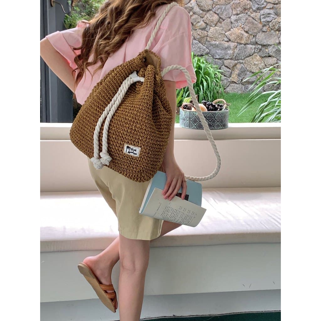 CHAWOOL nicho Retro mochila coreia ins corda grossa balde tecido saco de um ombro férias praia saco de palha