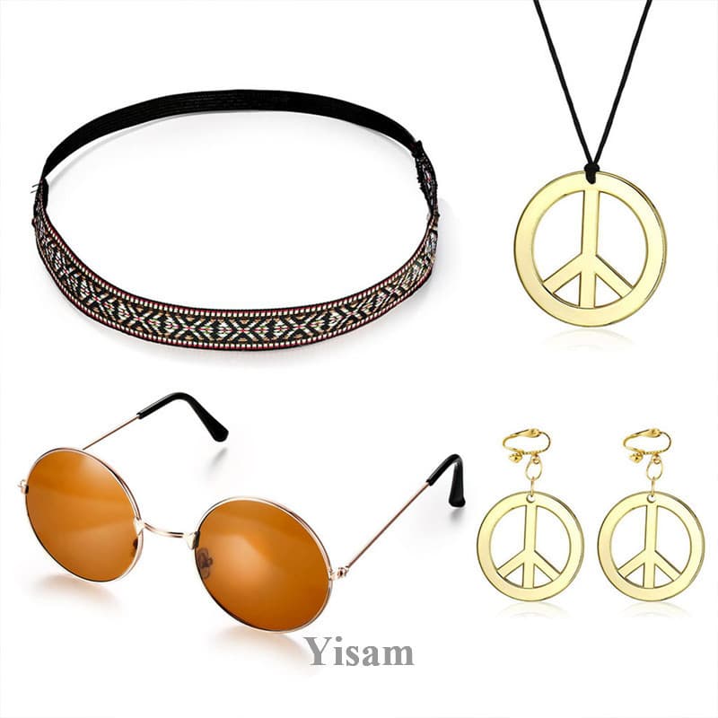 Yisam Hippie Traje Conjunto Funky Afro Bandana Óculos De Sol Sinal De Paz Colar Para Festa Temática 50/60/70s
