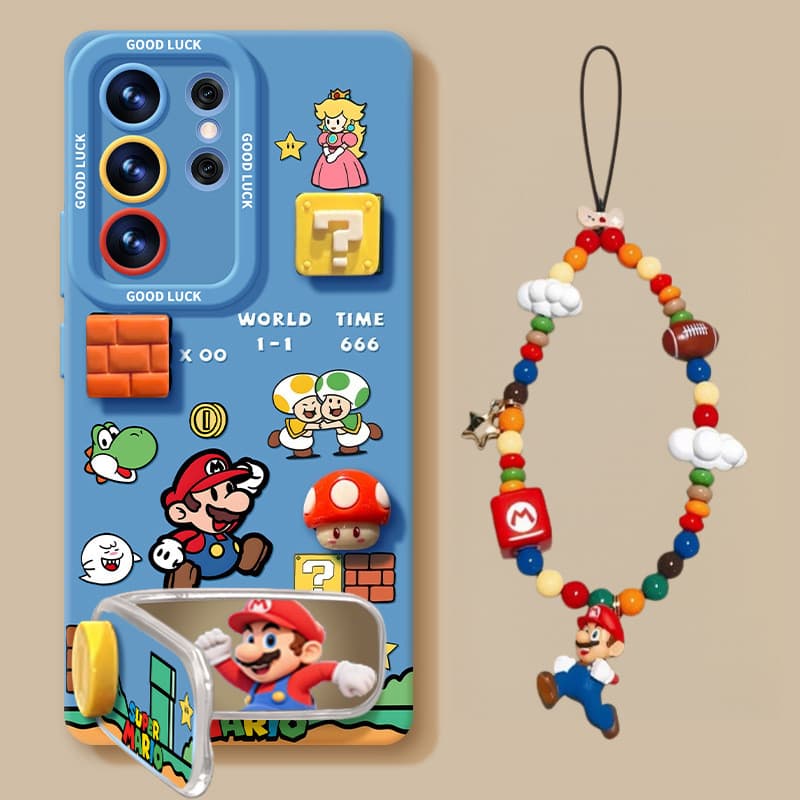 Capa de telefone Mario azul fofa de desenho animado com corrente, adequada para Samsung GalaxyS26ultra/Galaxy S26 Plus/S