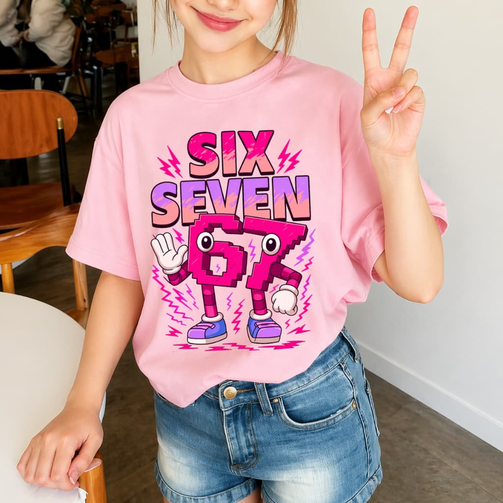 Camisa Camiseta Infantil Feminina Estampada Six Seven 67  Malha  Premium  100%  Algodão  Confortável