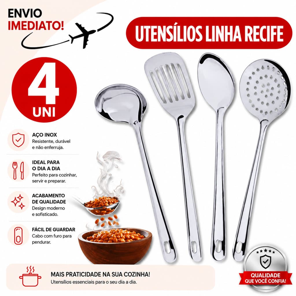 Utensílios Inox Cozinha 4 Unidades Multiuso Concha Escumadeira Espátula Colher * Envio Imediado *