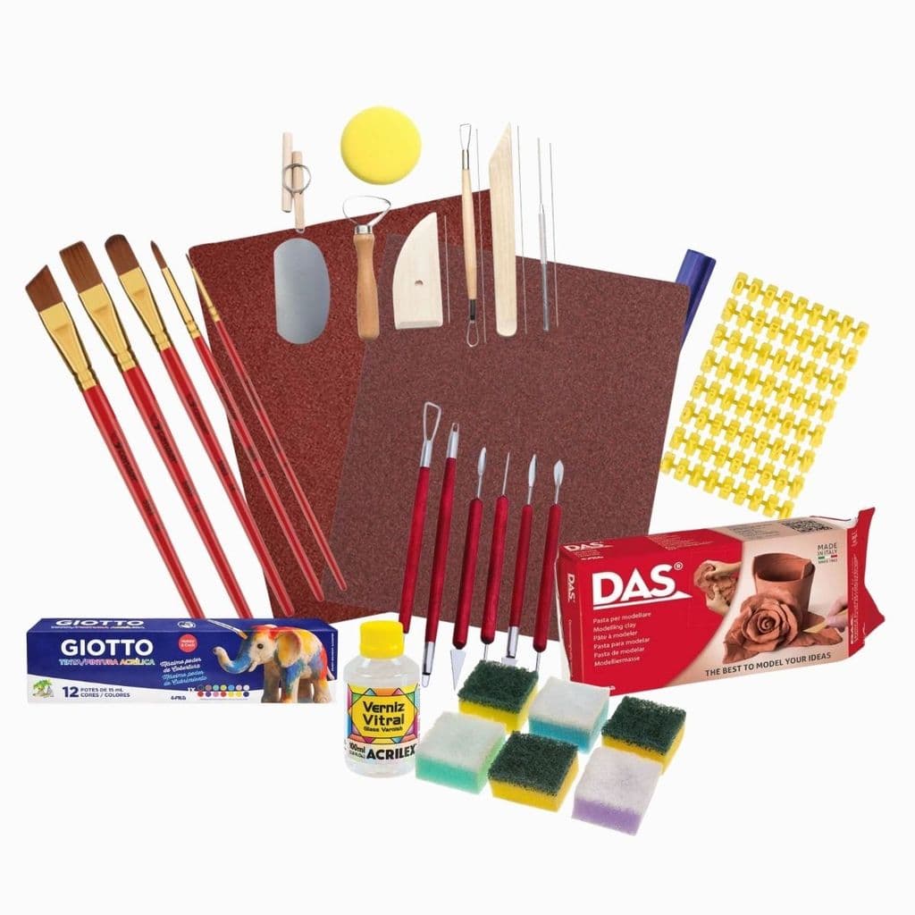 Kit Modelagem Massa DAS 500g Ferramentas Verniz e Tintas