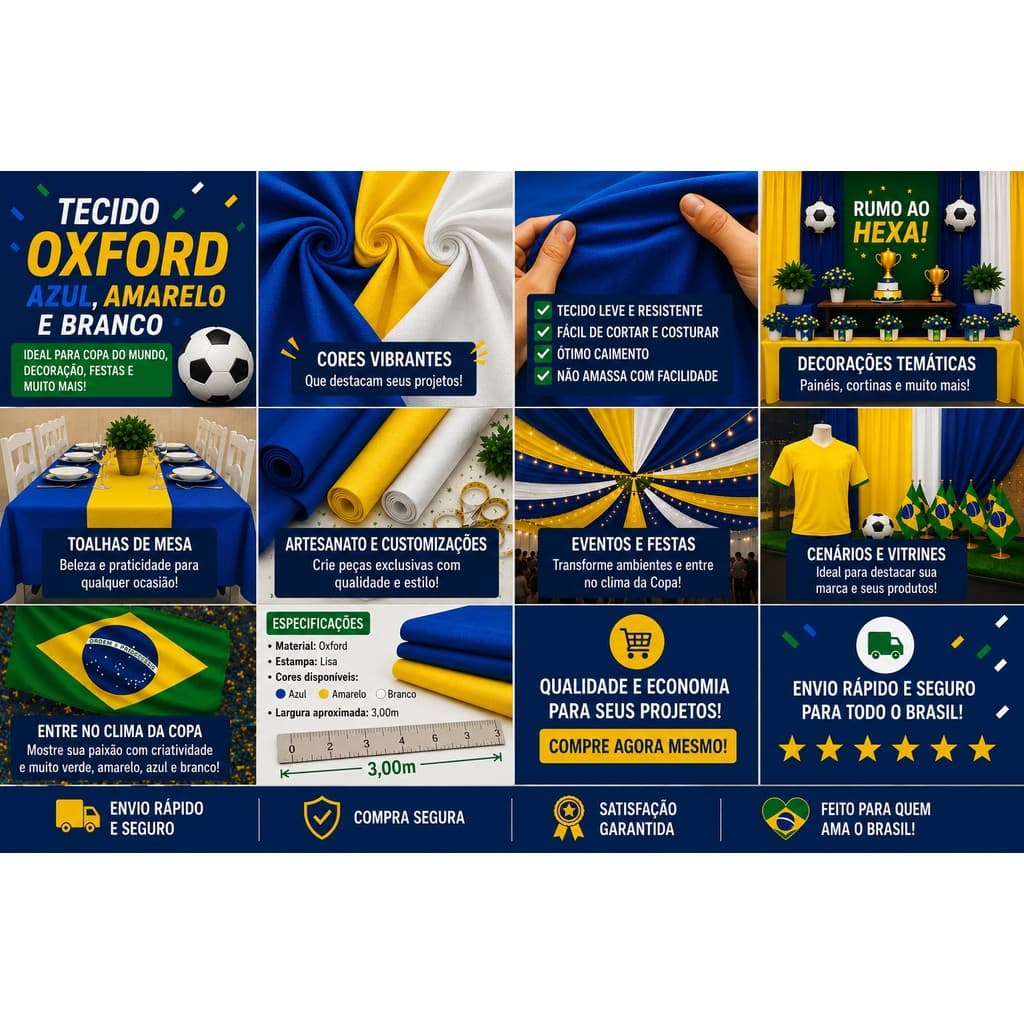 Tecido Oxford Azul  Branco e  Amarelo Copa do Mundo – Decoração, Festas e Eventos