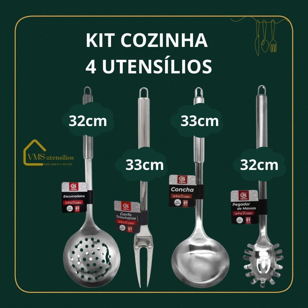 Kit 4 Peças Utensílios Para Cozinha em Inox Colheres Grandes  Escumadeira, Garfo Trinchante, Concha, Pegador de Macarrao