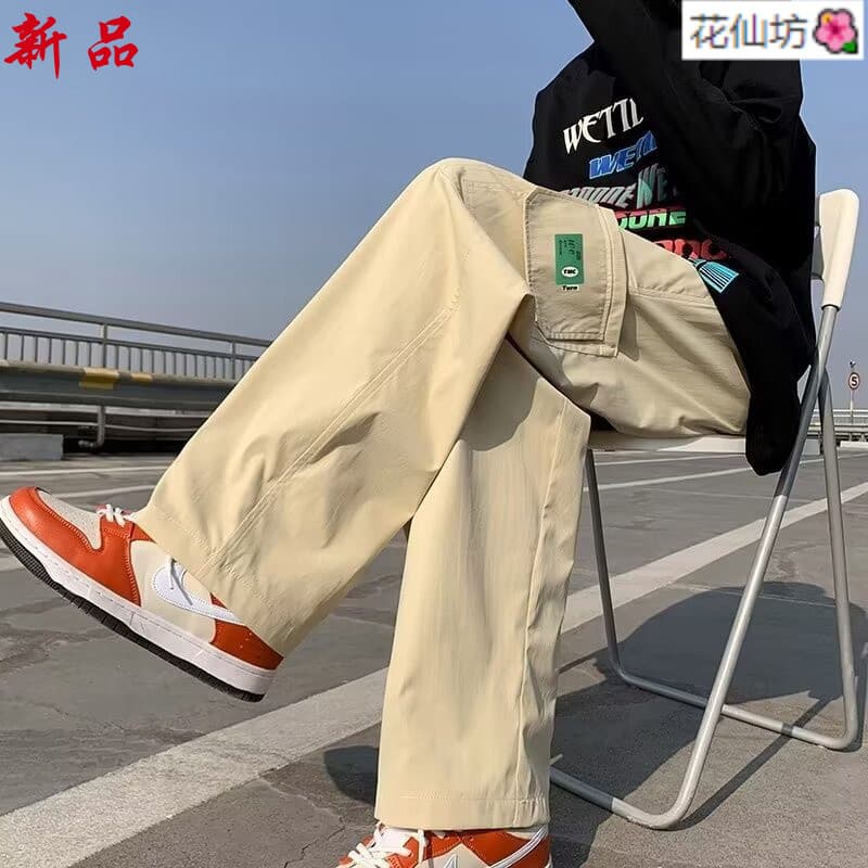 Japonês Multi-bolso macacão masculino primavera verão tendência americano Retro solto perna larga esfregar casual calças