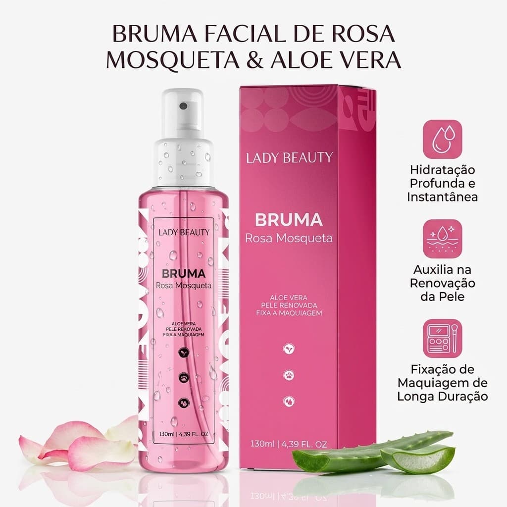 Bruma Fixadora de Maquiagem Lady Beauty Rosa Mosqueta Aloe Vera 130ml | Kit 1/2/3 Unidades