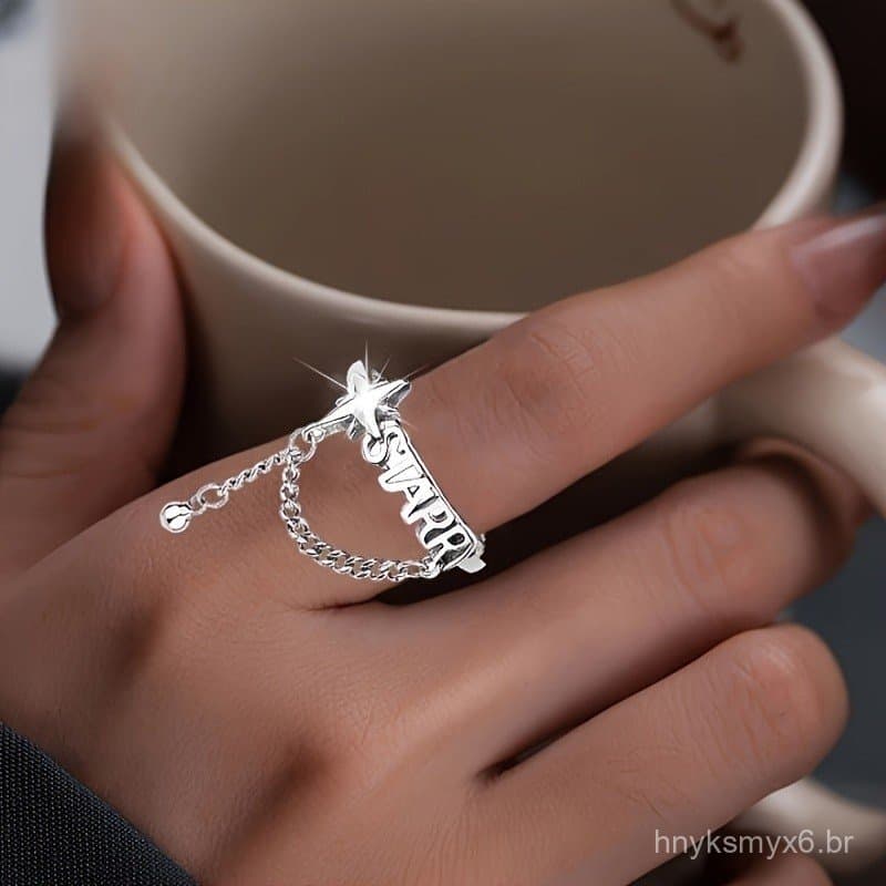 1 peça de anel feminino de moda banhado a prata com design exclusivo, com detalhes de corrente de letras em inglês, borl