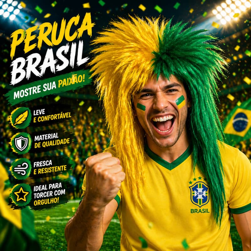 Kit Peruca Bandeirinha Brasil Torcedor Copa Verde Amarelo Fantasia Futebol Festa