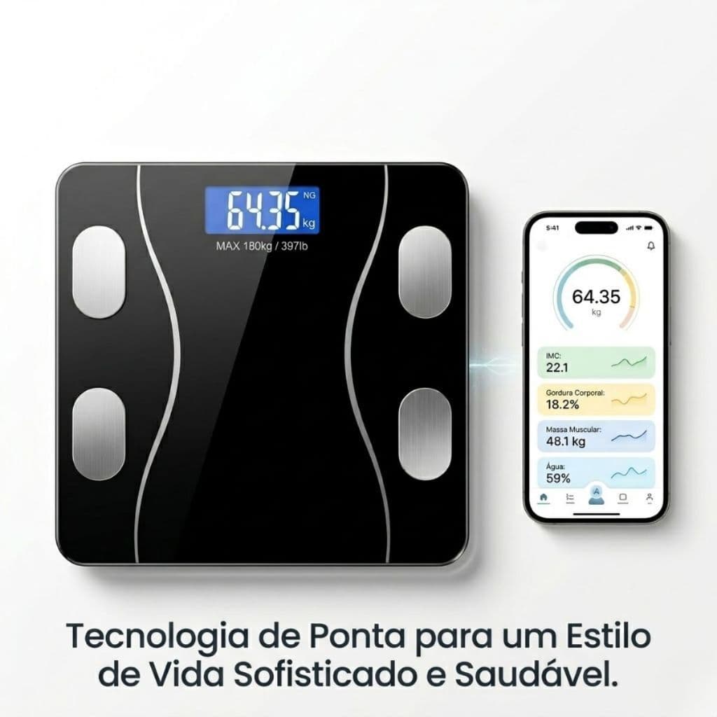 Balança Bioimpedância Digital Inteligente Bluetooth App Fitness Corporal Até 180kg Auto-Cuidado