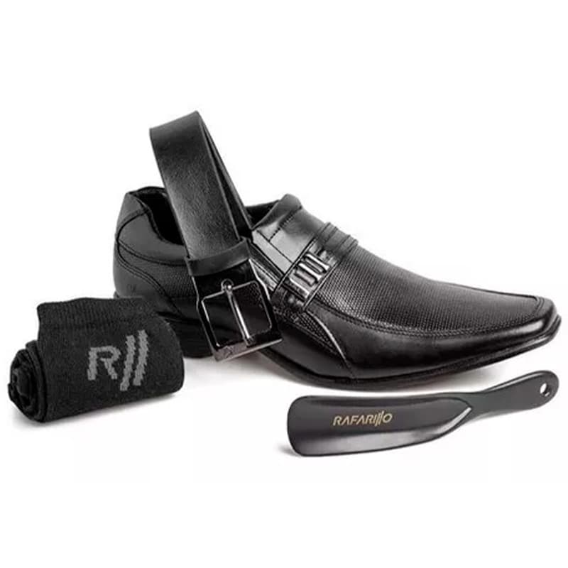 Kit 4 Em 1 Sapato Social Masculino Rafarillo Original Em Couro Marrom Cinto Meia Calçadeira 34011
