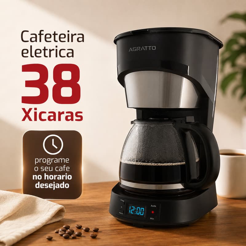 Cafeteira Elétrica 38 Xícaras Cafeteira Programavel Preta Cafeteira 127v Agratto Maquina de Café