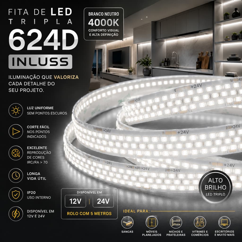 FITA LED TRIPLA 5M 4000K BRANCO NEUTRO 12V/24V ALTA POTÊNCIA