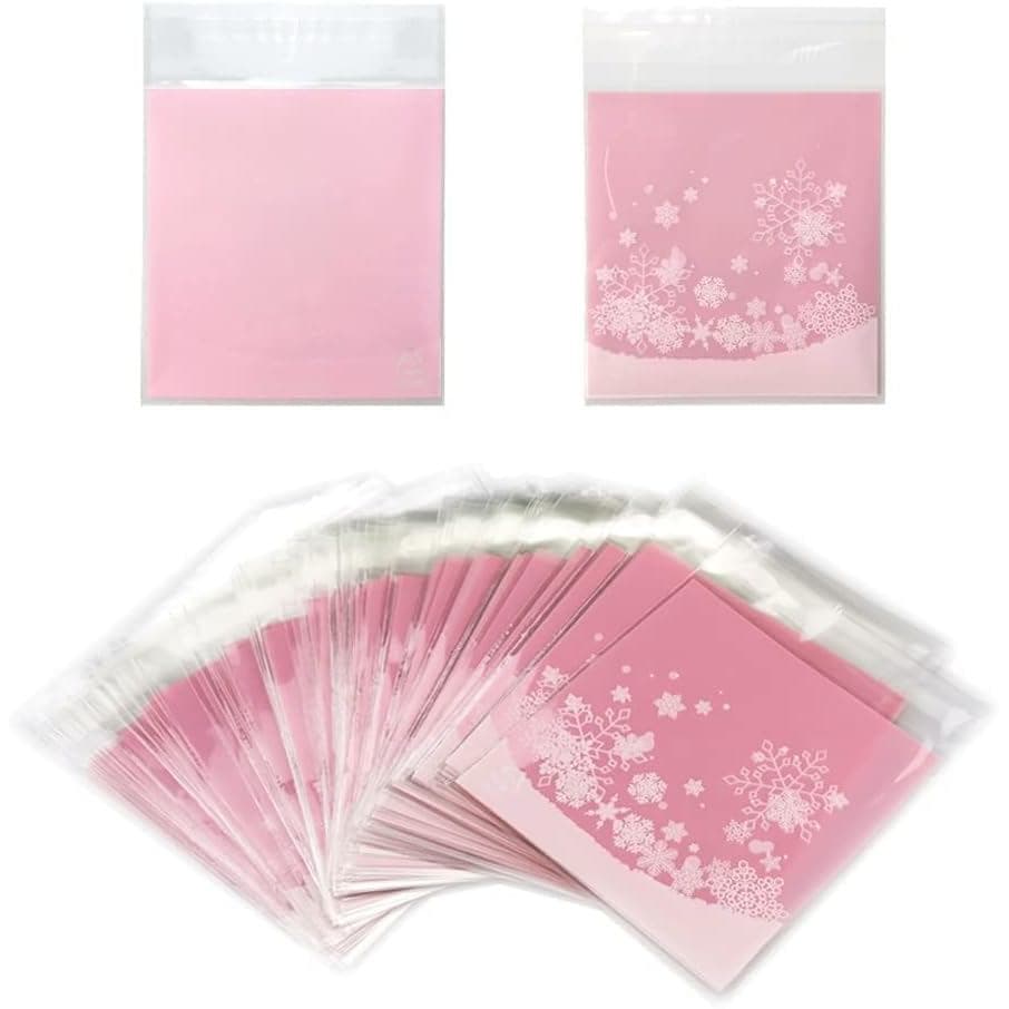 100 Sacos de Celofane com Estampa de Floco de Neve - Sacos Plásticos Transparentes Rosa com Fechamento Automático para D
