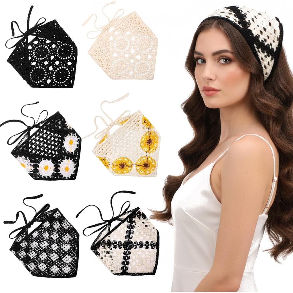 JATEBI 6 Pieces Hair Bandanas Crochet, Knit Head Scarf Bandana Vintage Headband Scarf Tie-Back Floral Daisy Head Coverin