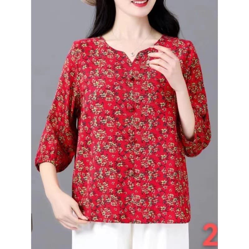 Mãe abotoado topo estilo étnico manga de três quartos camiseta feminina tamanho grande arte Floral Retro primavera algod