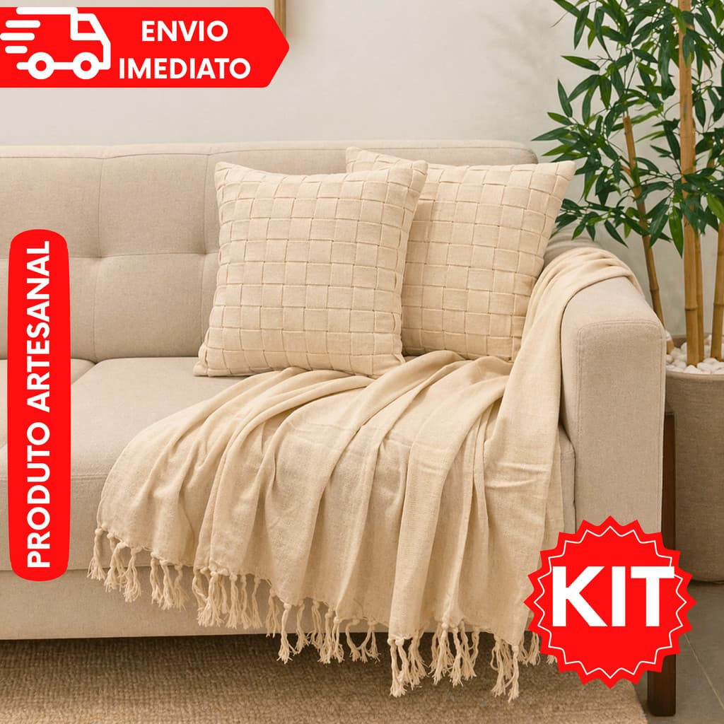 Kit Capa Almofada Fita Trançada Cru ( 2 Capas + 1 Manta ) Rustico Boho Artesanal Decorativa Carnaval