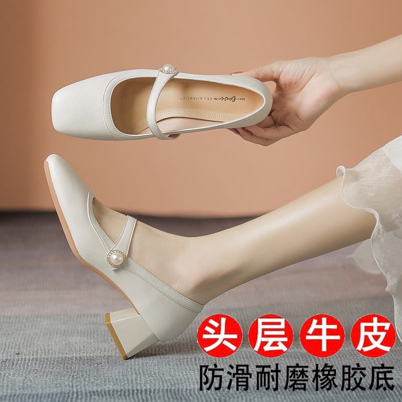 Marca genuína marca de couro genuíno uma palavra cinta Mary Jane sapatos femininos primavera outono novo estilo bombas d
