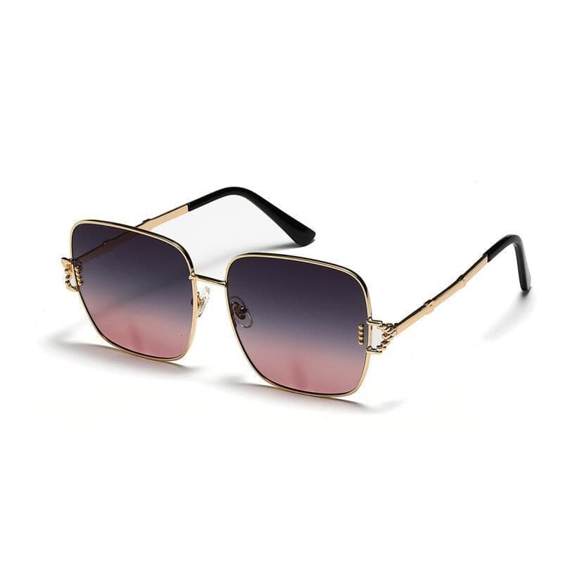 Óculos de Sol Femininos com Armação Preta e Decoração de Borda Dourada, Lentes Pretas Elegantes