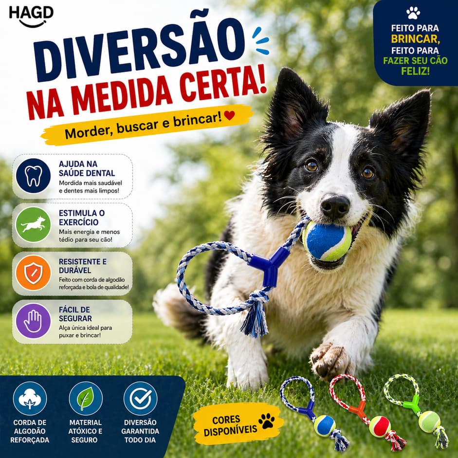 Brinquedo Mordedor Corda com Argola e Bola de Tênis - Formato Y para Cabo de Guerra Interativo Pet