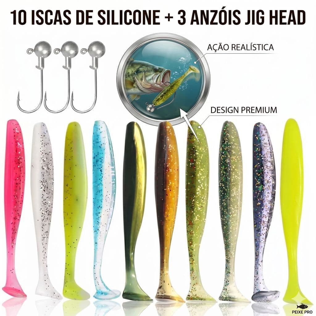 Kit 10 Iscas Silicone + 3 Anzóis Jig Head Pesca Artificial Completo Cores Sortidas