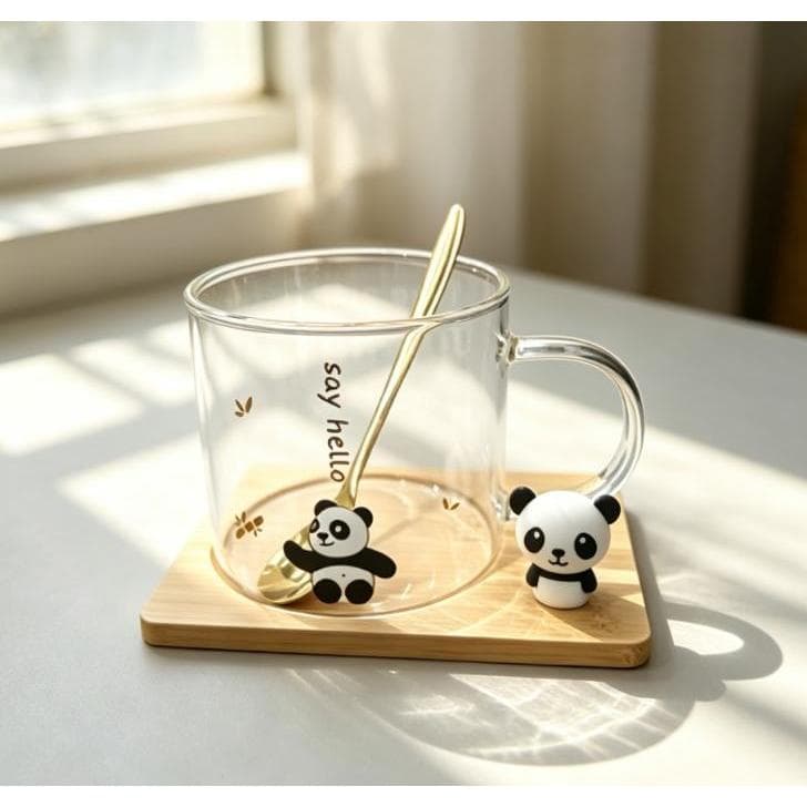 Caneca de Vidro com Colher, Base de Bambu e Detalhe Panda – Fofa, Delicada e Charmosa