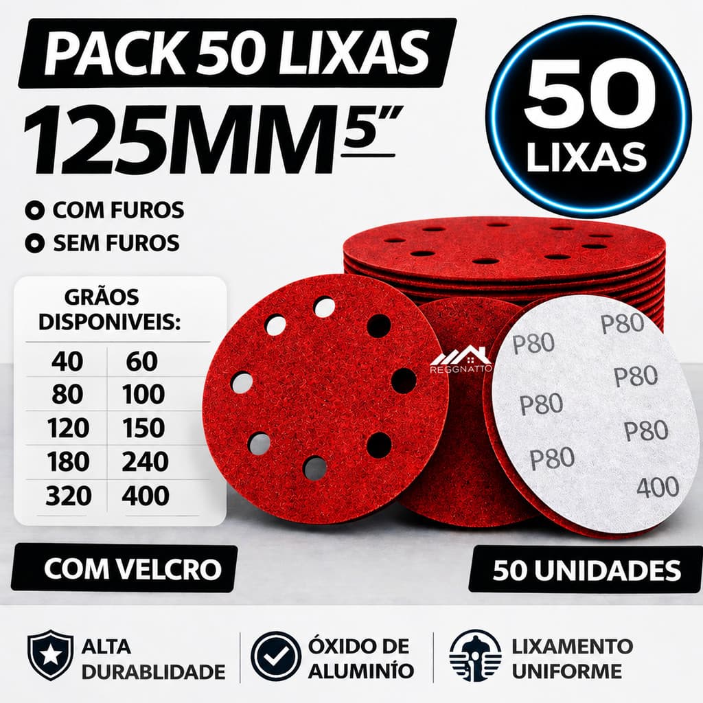 Kit 50 Discos de Lixa 125mm (5”) – 8 Furos ou Sem Furos – Velcro para Lixadeira Roto-Orbital